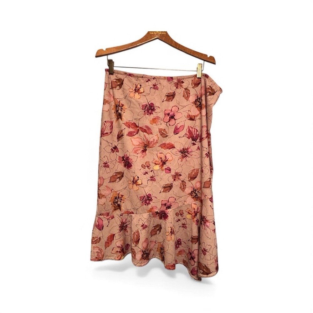 Vintage Y2K Floral Whimsical Fairycore Grunge Midi Skirt Pink Tan Plus Size